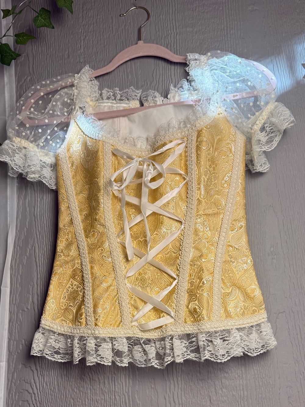Gold Brocade Lace Up Corset Top Puff Sleeve Renaissance Faire Cottagecore S